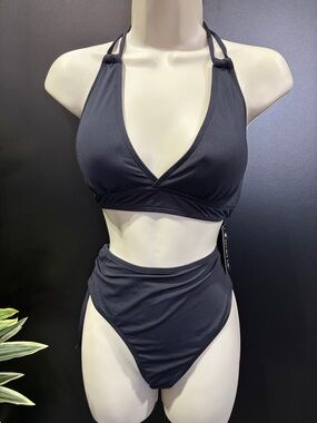 Tempt Me padded v-neck top,high waist ruching ties bottoms, neck tie